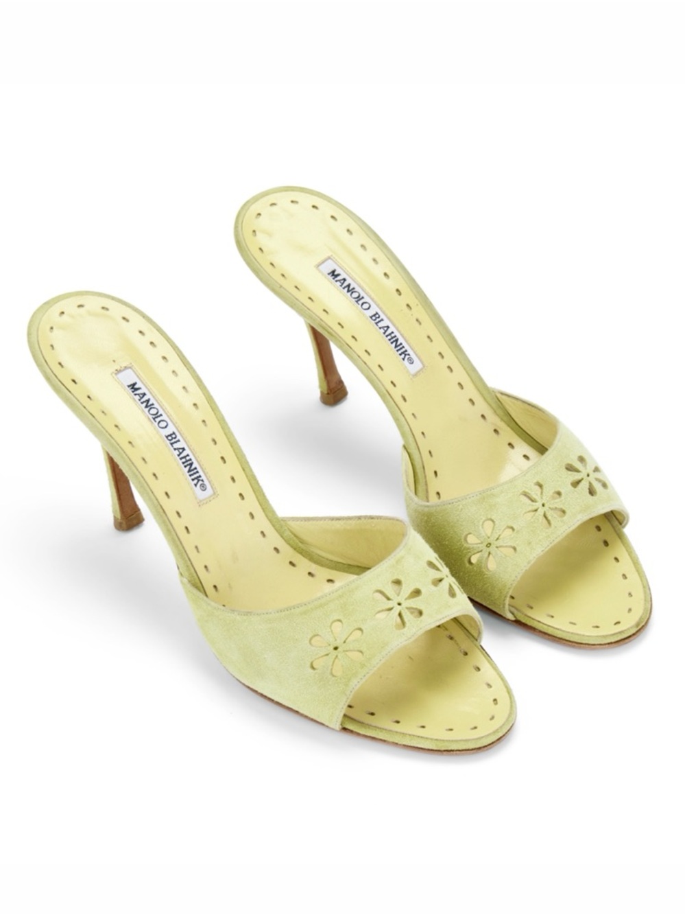 Manolo Blahnik Green Floral Eyelet Laser Cut Suede Heels - Picture 4 of 6
